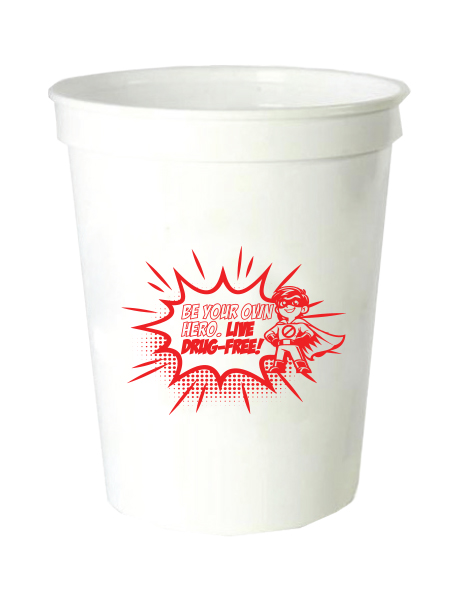 Be Your Own Hero. Live Drug-Free! 16oz. White Stadium Cup Youth